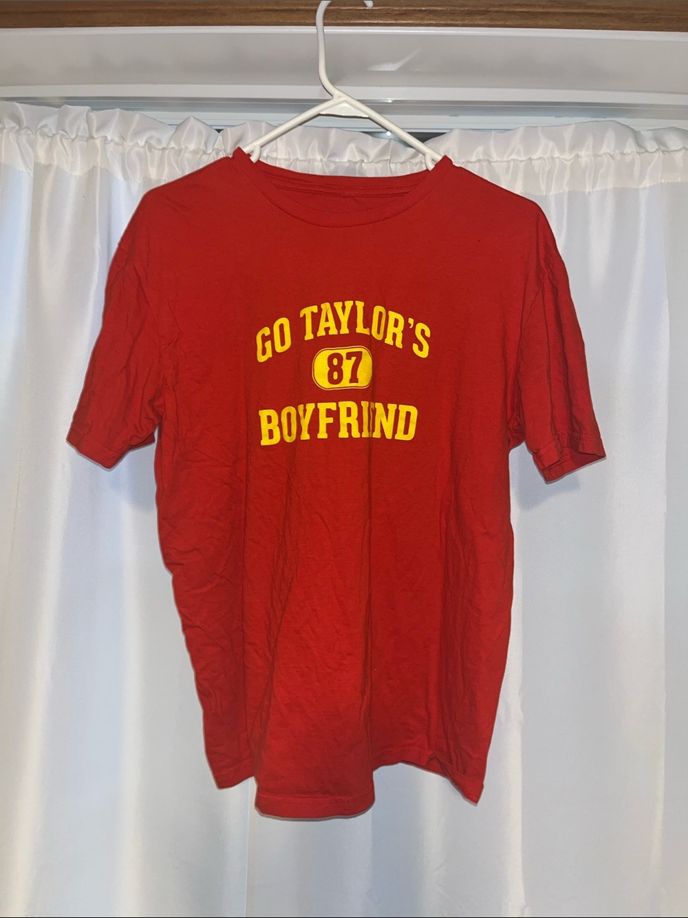 Lrg Red Tee with Yellow 'Go Taylor's 87 Boyfriend' Graphic